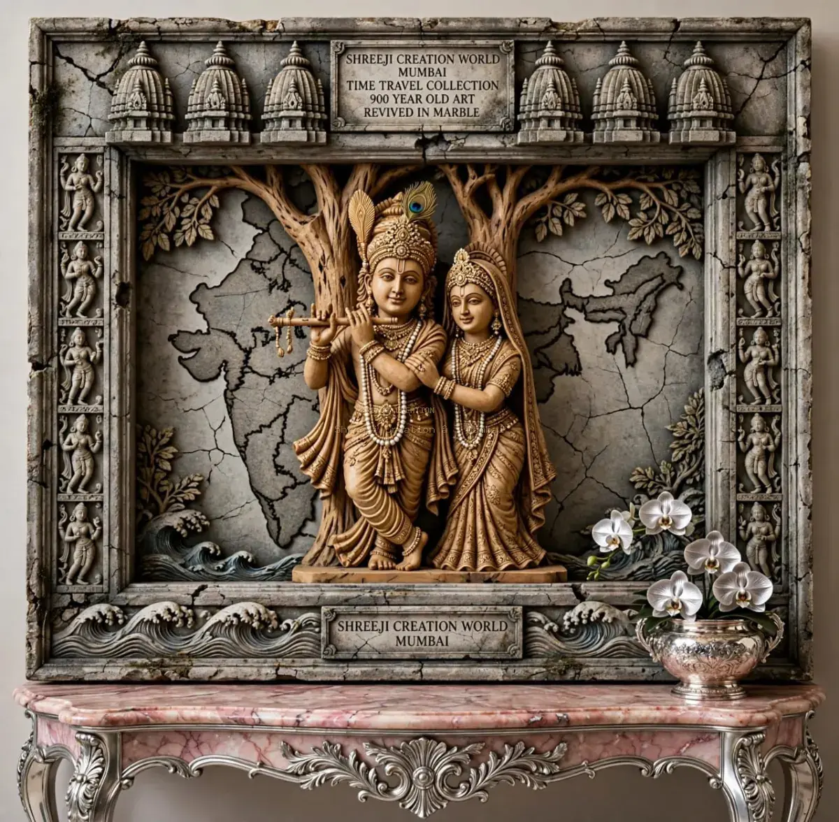 Lord Ganesha Seated on Carved Teak Sinhasan with Silver Gilt Relief - Shreeji Creation