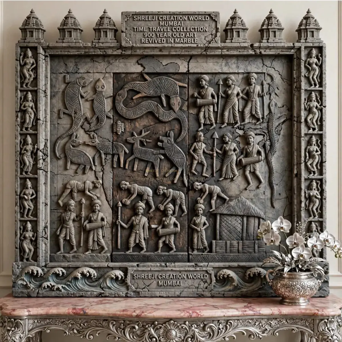 Radha Krishna Kadamba Bower Hand-Carved Teak & Silver Art Panel - Shreeji Creation